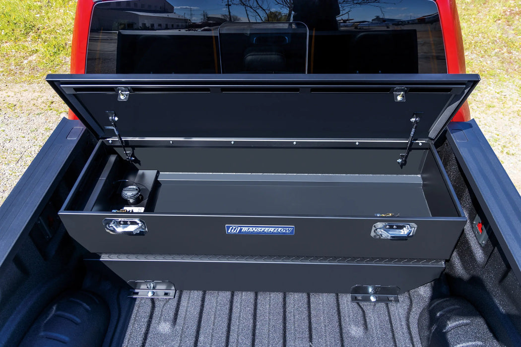Transfer Flow 40 Gallon Auxiliary Tank Toolbox Combo in truck bed with open lid
