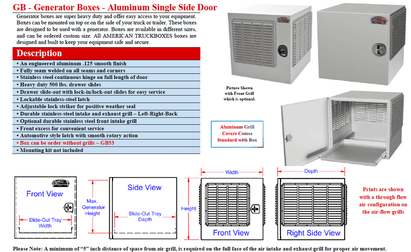 Generator boxes with specifications and dimensions on a white background
