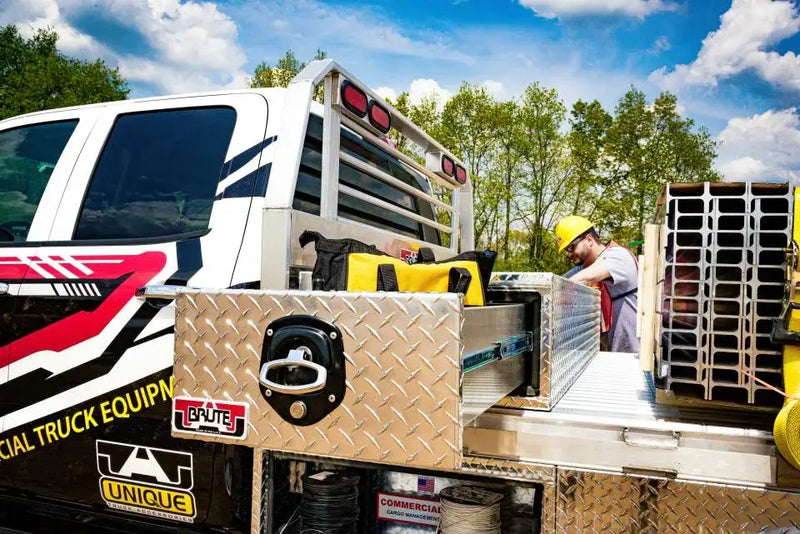 Brute HD Flatbed Side Tool Box on Flatbed Truck