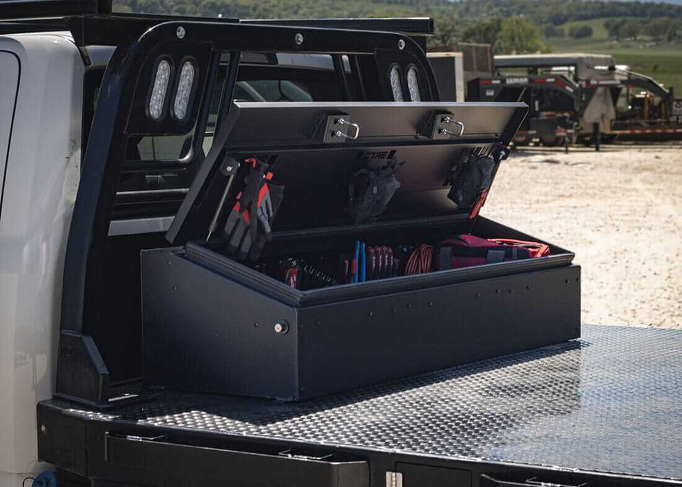 Chandler Crossbody Wedge Adapt Toolbox open mounted on flatbed