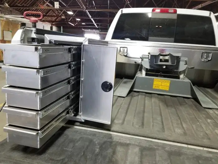 Fuelbox All Drawer Tool Box on truck bed with opened drawers