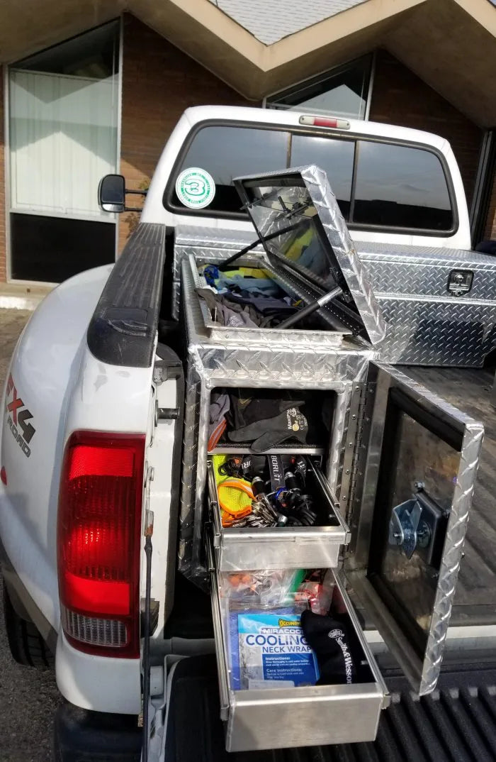 Fuelbox Wheel Well Toolbox diamond plate opened drawers and lids