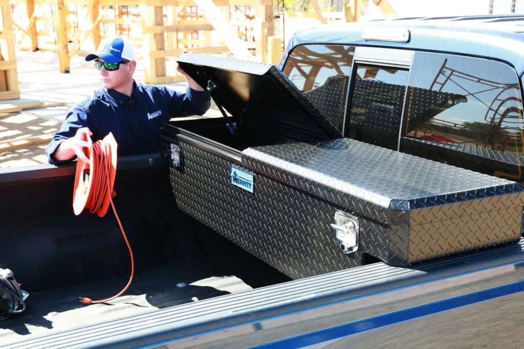 Merritt Crossbody Double Lid Toolbox in truck bed open lid