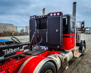 Iconic Angled Vader Stainless Steel Headache Rack on red truck