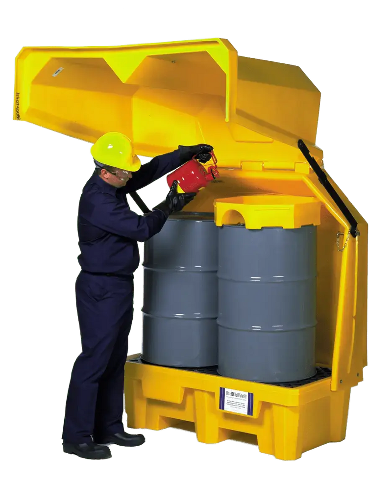 Ultra Hard Top Spill Pallet P2 Gullwing opened pouring liquid