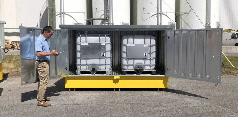 Steel IBC Spill Containment Pallet Hard Top Twin Opened Doors