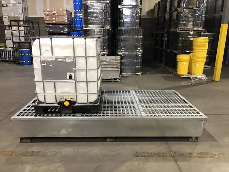 Steel IBC Spill Containment Pallet Twin with Single IBC in warehouse