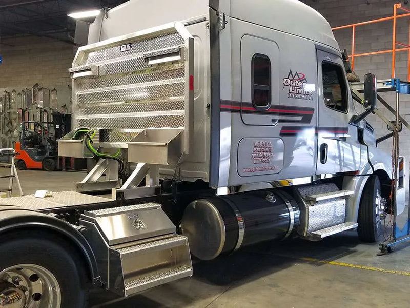 Iconic Flat Headache Rack on semi truck in shop