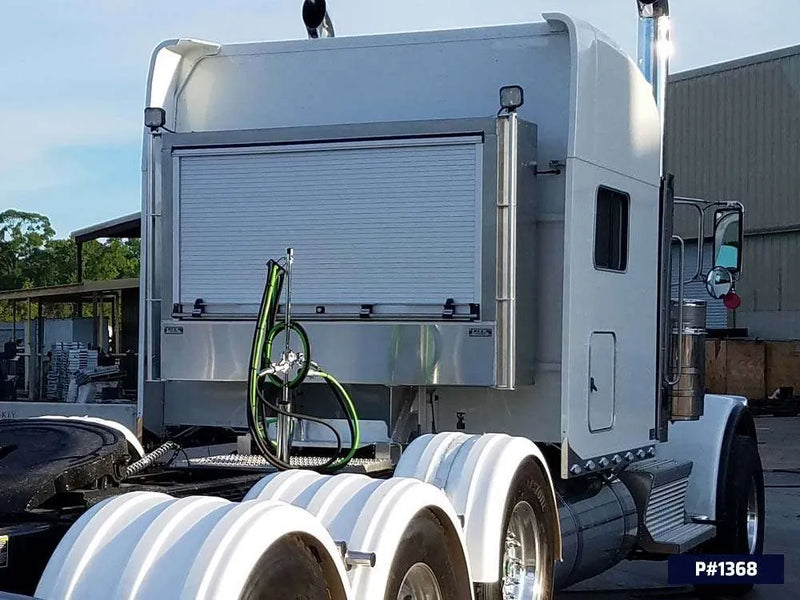 Iconic Roll Up Door Semi Headache Rack on semi truck