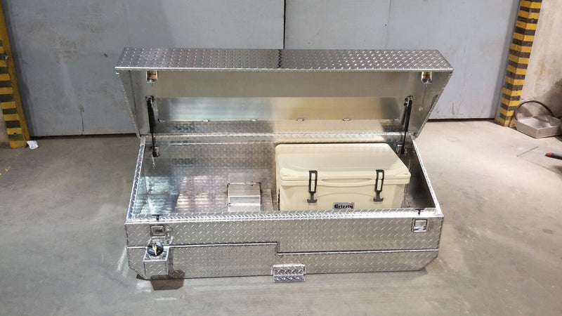 ATTA Fuel Tank Toolbox Combo Cool N Tool with open lids and closed cooler lid